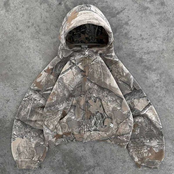 Y2K Retro zip up Men Camouflage Pattern zipper Sweatshirt High Street Hip Hop Streetwear Oversized Unisex Camo Hoodie 26Y0308