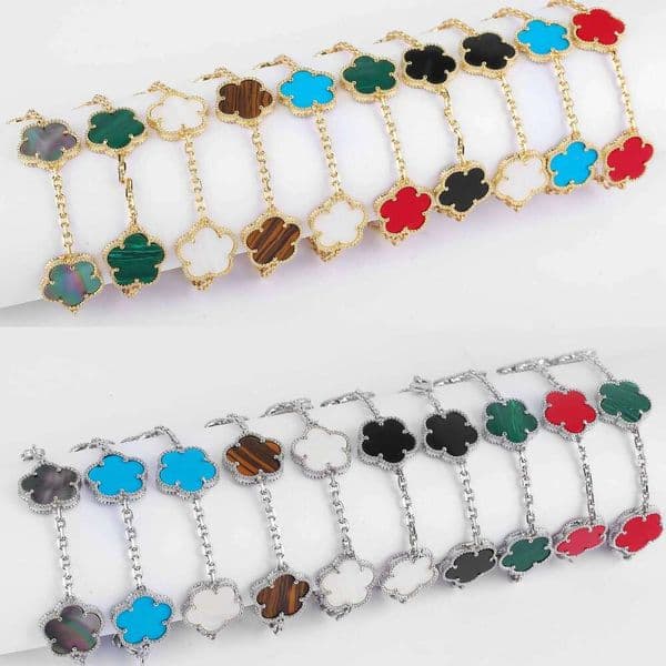 Hot Sale Premium 15mm Natural Stone White Shell Five Leaf Flower Bracelet Gold Silver Lucky bangle For Women Girls Party Daily