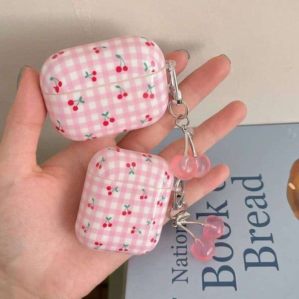 ins Korean Style Pink Grid Pattern Cherry With Charm Pendant Earphone Cover Case for AirPods 1 or 4 2 Pro 3 26Y0309
