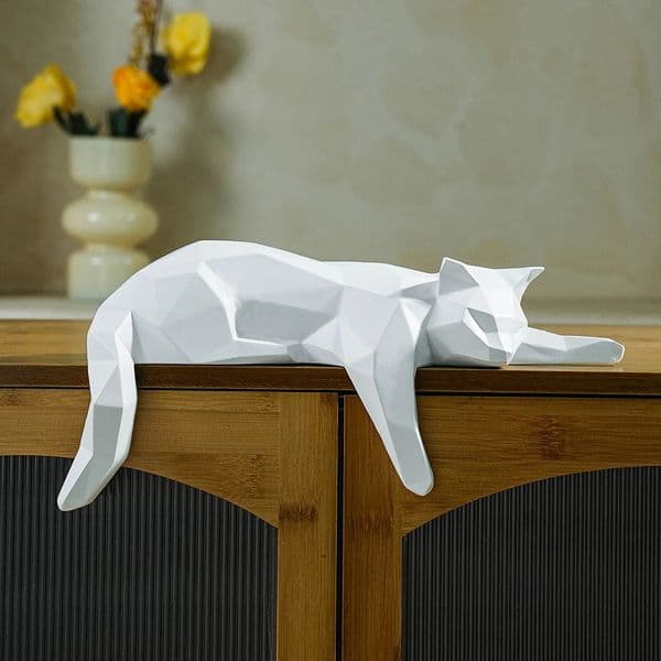 White Black Cat Statue - Geometric Modern Room Decor Figurine Sculpture for Home Office as Table Shelf Desk Decor Lying Cat 260307