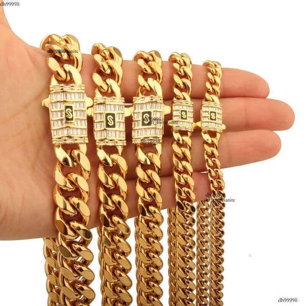 6mm-14mm Hip Hop Stainless Steel Miami Cuban Link Chain Real Gold Plated T Zircon Clasp Mens Necklace Jewelry