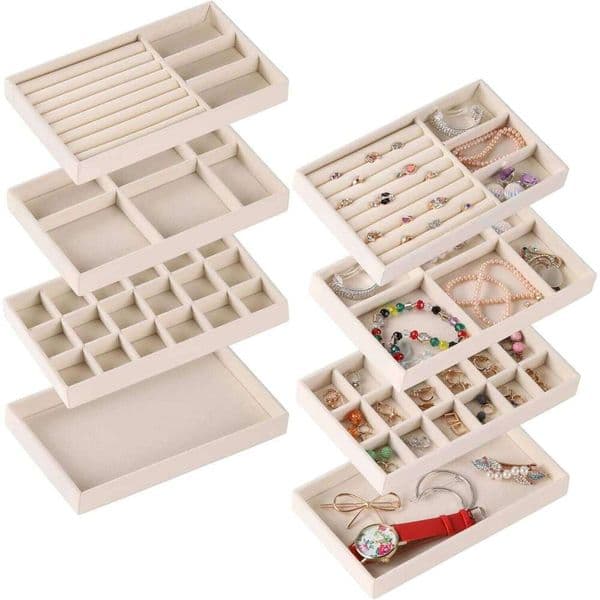 Beige Organizer Velvet Jewelry Tray Display Ring Bracelet Necklace Storage Box Showcase Drawer 26W0310