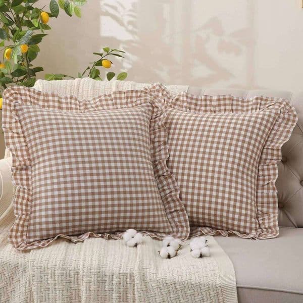 Throw Covers Washed Cotton Linen Feel Soft Comfy Ruffle Farmhouse Fall Decorative Pillow Case Set of 2 for Couch Sofa Bed 26H0310