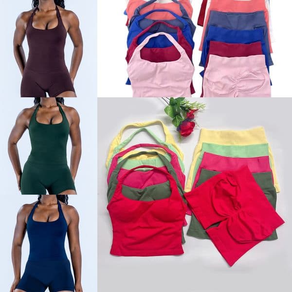 Halterneck Women yoga outfits 2 pieces Impact Workout Sets Impact Halter Top matching Scrunch Seamless Shorts Gym Set Backless Tank Tops Gym Suit Fitness Clothes