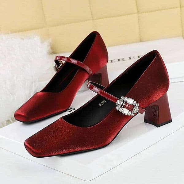 Women 5cm High Lady Fashionable Versatile Rhinestone Low Heels Pumps Female Block Heel Square Toe Mary Jane Satin Shoes