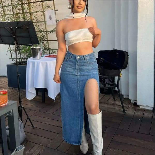 Summer Midi Skirts Vintage Clothes Sexy For Women Blue Jeans Skirt High Waisted Denim Split Thigh 260305