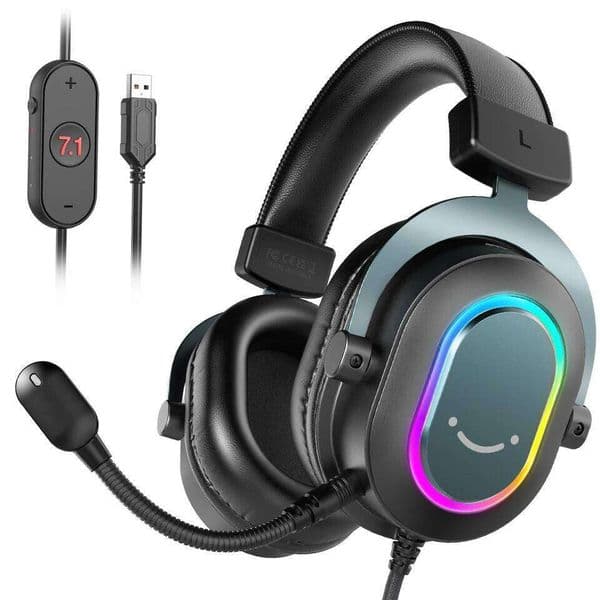 Fifine Dynamic RGB Gaming Headset with Mic Over-Ear Headphones 7.1 Surround Sound PC3 EQ Options Game Movie Music 26W0310