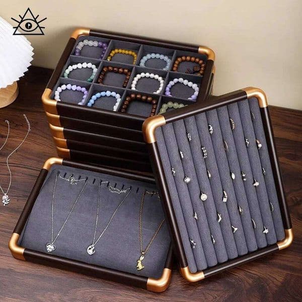 Wood Grain Storage Necklace Vintage Walnut Tray Jewelry Bracelet Counter Display 26W0310