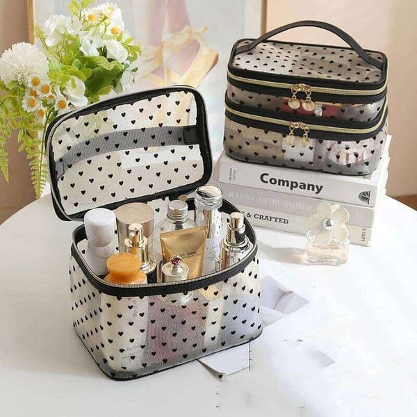 Double-layers Black Mesh Cosmetic Bag Travel Portable Large-Capacity Makeup Case Organizer Storage Pouch Zipper Toiletry Bags XJ260310