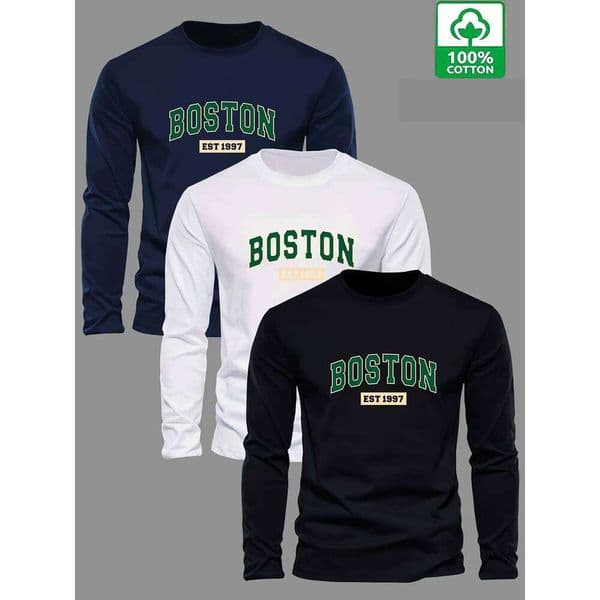 Men's 100% pure cotton loose and comfortable casual sports Boston EST 1997 letter printed round neck long sleeved T-shirt top Z260310