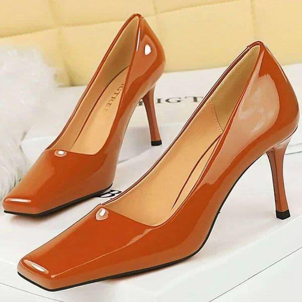 Fashion Women 8.5cm High Pumps Brown Glossy Leather Shallow Stiletto Heels Lady Wine Red Nude Office Square Toe Prom Shoes