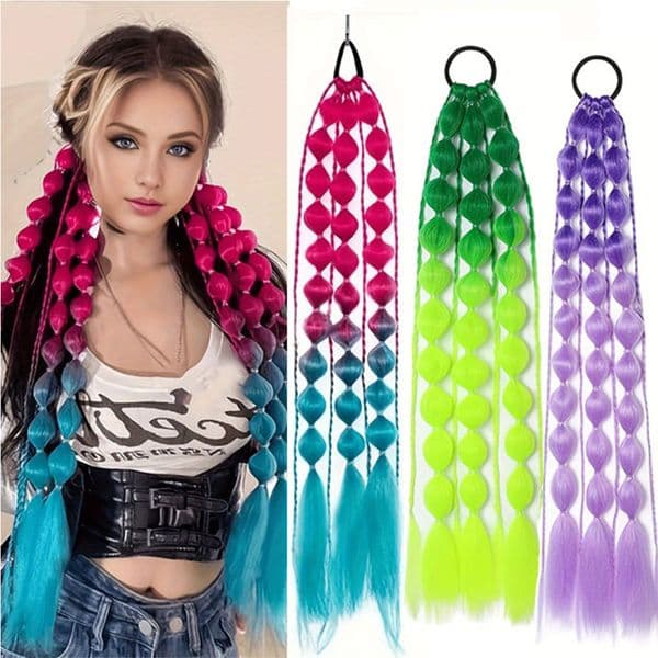 Synthetic Ponytail Extension Colorful Bubble Braid Long Lantern Braided Ponytail Hair Tie Straight Hairpieces for Women Girls Children Hair Ropes