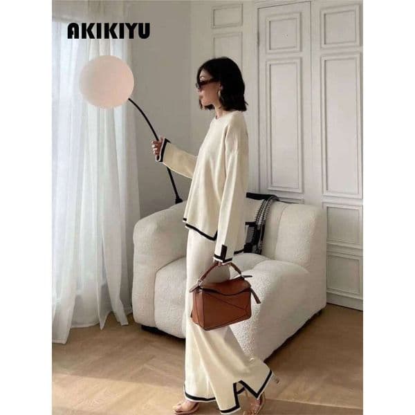 Fashion Color Matching Knitted Pant Sets Women Loose Long Sleeve Knitting Sweater Slit Wide Legs Trousers Two Piece Set Female AKIKIYU