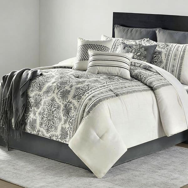 Designer Elegant 5 Piece Damask Embroidered Bed In A Bag 100% Polyester Faux Linen 280Gsm Filling Soft Microfiber Backing King Size woman Bedding Set Free Shipping