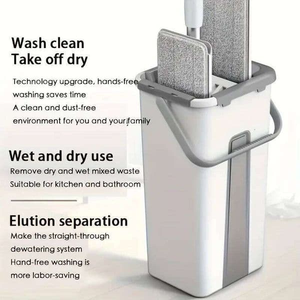 Hand-Free Flat Mop and Bucket Set Wet Dry Floor Cleaning System for Home Room Floors 26H0310