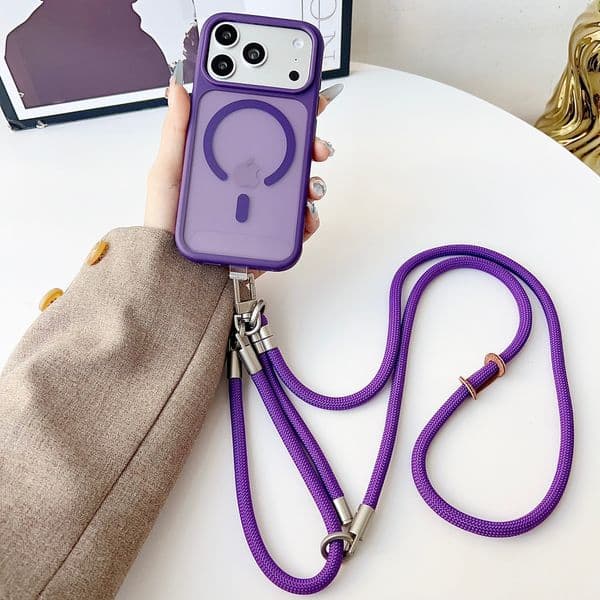 Anti-Slip Magnetic Back Cover with Detachable Shoulder Strap for iPhones (Models: 17/16/15/14/13/12)