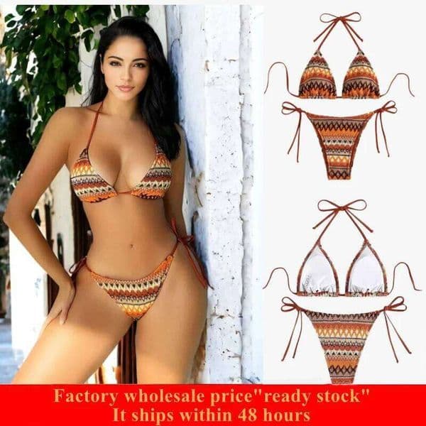 Women's Boho Geo Print Cute Bathing Suit High Waisted Halter Tie Back Swimsuit Triangle Cup Sexy Bikini Set H260309