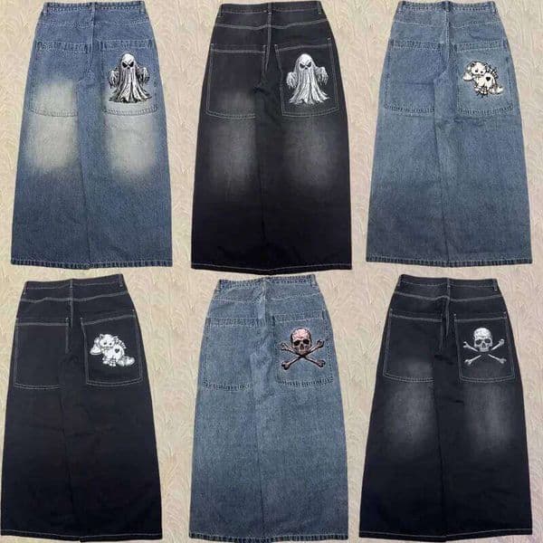 Y2K Harajuku Washed Ghost Skull Cartoon Dog Printing Pocket High Waist Loose Wide Leg Jeans Men Women Vintage Streetwear C260310