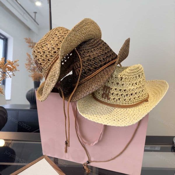Designer Straw Hat Bucket Hats for Women Summer Beach Cap Knit Outdoor Sun Protection Visor Caps with Rope Travel Visitor Sombrero De Playa Cowboy Hat