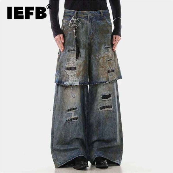 IEFB American Style Ripped Fake Two Piece Straight Men's Jeans Loose Casual Distressed Wide Leg Patchwork Denim Trousers 9X2204 C260310