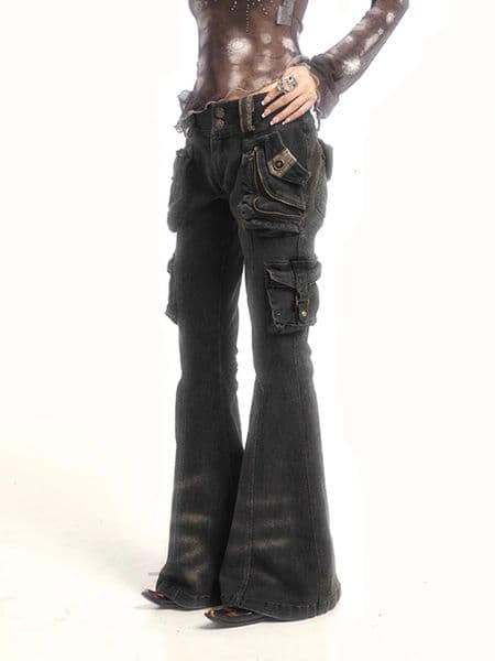 WCFCX STUDIO Women Y2k Cargo Pants Harajuku Retro Flare Jeans Streetwear Aesthetic Spicy Girl Slim Fit Denim Trousers 260310