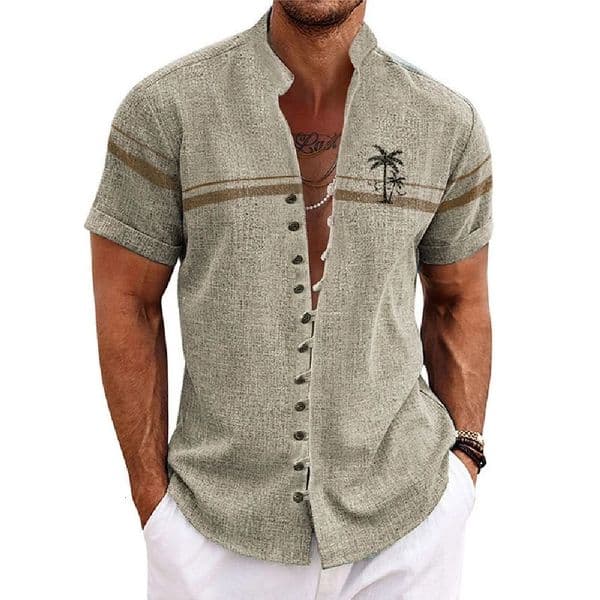 mens linen short-sleeved shirt with a fashionable retro style ethnic motif printing comfortable and breathable Mens sh 260227