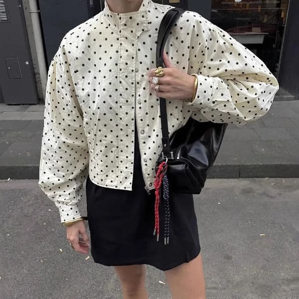 TARUXY Fashion Polka Dot Print Jacket Coat Womens Stand Collar Long Sleeved Workwear Coat Ins Short Casual Female Jackets 260306