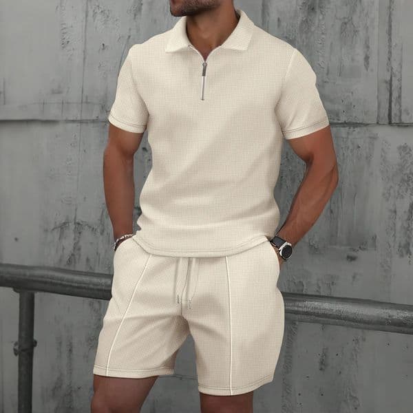 Men Europe and the United States summer Waffle solid color zipup lapel shortsleeve suit shorts two sets 260310