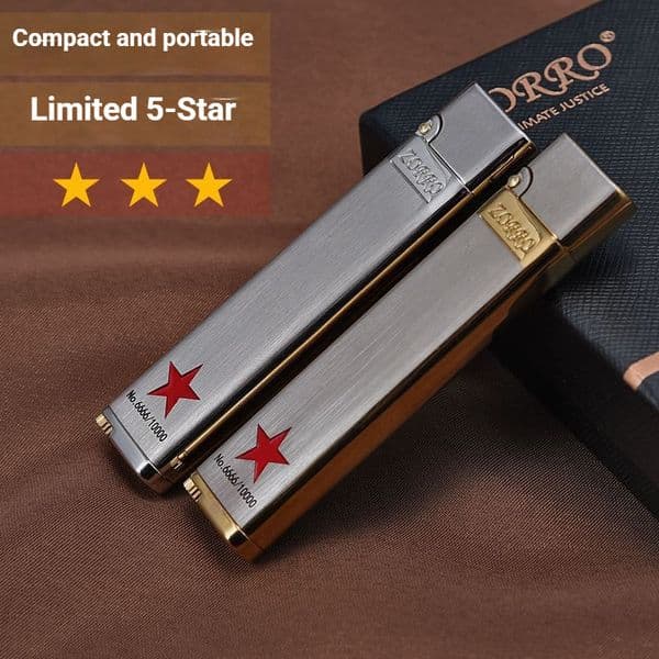 Metal Zorro Ultra-Thin Kerosene Lighter Slim Narrow Machine Engraved Five-Star Vintage High-Value Gift for Boyfriend