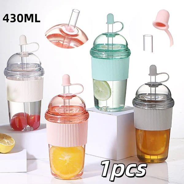 1pc 430ml Portable Flip Straw Cup Plastics Ins Style High-Capacity Water Bottles Tea Coffee Milk Heat-Resistant Juice Jelly Cups 260227BJ