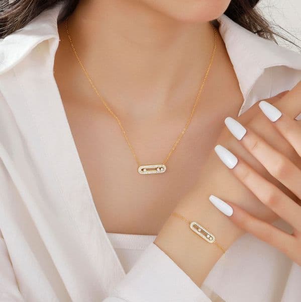 Classic Micro Pave Paper Clip Charm Necklace Bracelet for Women