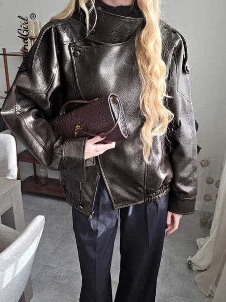 Vintage Faux Leather Jacket Women Causal Stand Collar Zipper Long Sleeve Loose Coat Female 2026 Fashion High Street Lady Outwear 260310