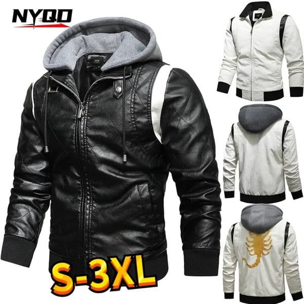 Autumn Winter Bomber Leather Jacket Men Scorpion Embroidery Hooded Jacket PU Leather Motorcycle Mens Ryan Gosling Drive Jacket 260307