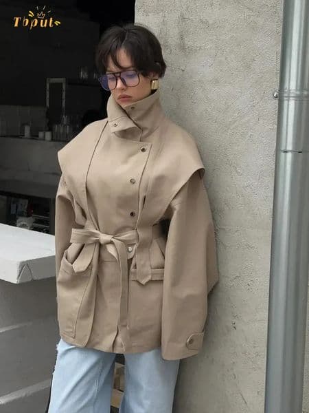 Women Waist Cinching Windbreaker Fashion Solid High Neck Buttons Long Sleeve Singlebreasted Coats 2026 Lady Street Jacket 250305