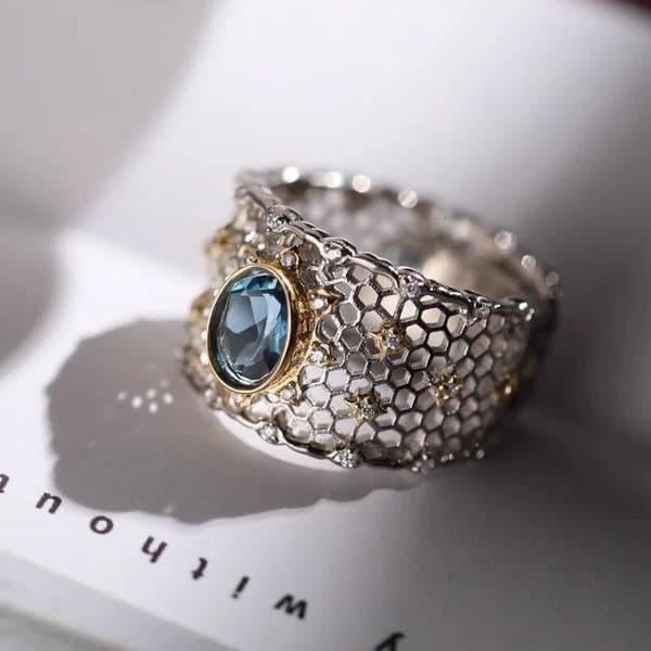 VENTFILLE 925 Sterling Silve Topaz Ring for Women Gift Lace Hollowing Out Wide Versatile Grace Vintage Jewelry Drop 260303