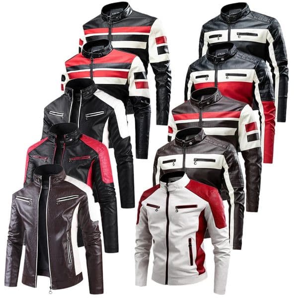 2025 Color Blocked Stand Up Collar PU Leather Motorcycle Bike Jackets for Menmulti-color Spring Autumn Thin Casual PU Coat 260307