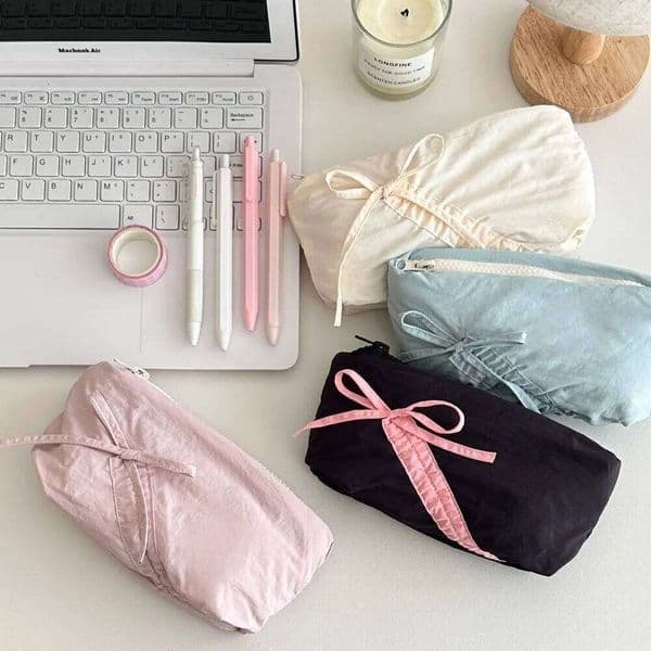 New Large Capacity Bowknot Case Fashion Solid Color Zipper Pencil Cute Bow Pen Bag Students Stationery Storage Pouch 26Y0310