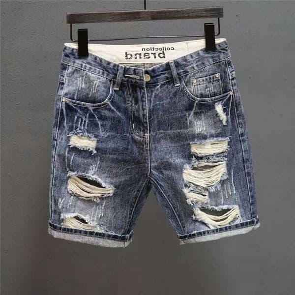 Fashion Vintage Korean Men's Summer Denim Shorts with Slim Fit Distressed Holes Designer Luxury Clothing Men 26Y0310