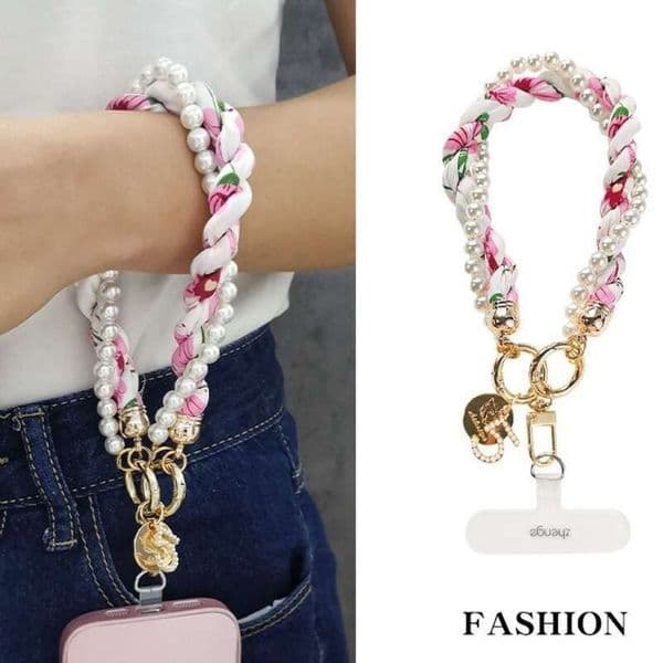 Phone Charm Phone Lanyard Short Wrist High-End Fashion Silk Scarf Pearl Pendant Exquisite Luxury Key Case Durable for Women