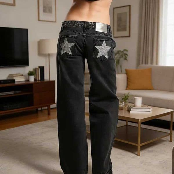 Fashion High Waited Jeans Women Vintage Five-Pointed Star Design Pocket Baggy Jeans 2026 New Harajuku Y2K Straight Denim PantsT260310