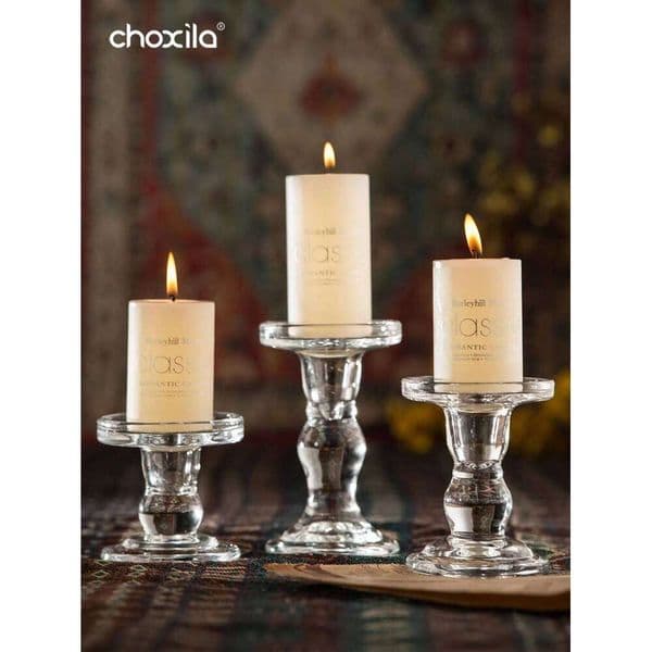 1pc Glass Clear Candle Holder, Decorative Candlestick, Crystal Candlestick With Round Base Elegant Home Decor H260310