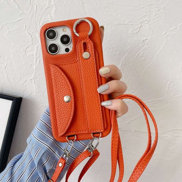 luxury Compatible with Apple 17 Max 15 Pro Leather Card Holder Wrist Strap Crossbody Phone Case