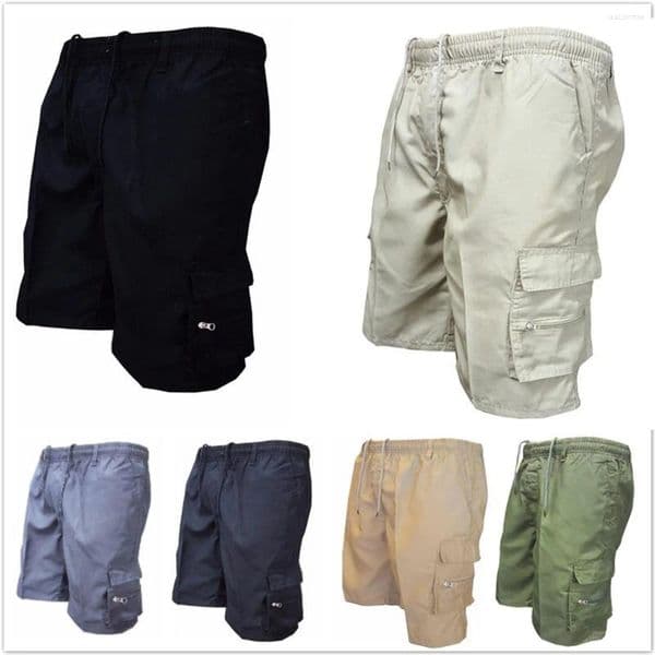 Men's Shorts Retro Multi Pocket Cargo Summer Thin Loose Straight Casual Outerwear Capris Solid Color Drawstring Short Pants