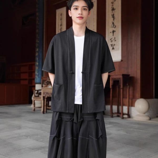 Chinese-style Summer Clothing For Men Loose-fitting Five-quarter Sleeve Cardigan Solid Color Hanfu -style Large-size Retro Designer Shirt Robe And