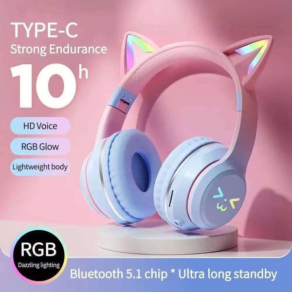 Flash Light Pink Cute Cat Ear Headphones Wireless Earphone Over-ear Noise Cancelling Folding Headset Girl Gift Earbuds 26W0310