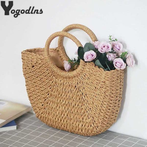 Summer Handmade Bags for Women Beach Weaving Ladies Straw Bag Wrapped Beach Bag Moon shaped Top Handle Handbags Totes H260310