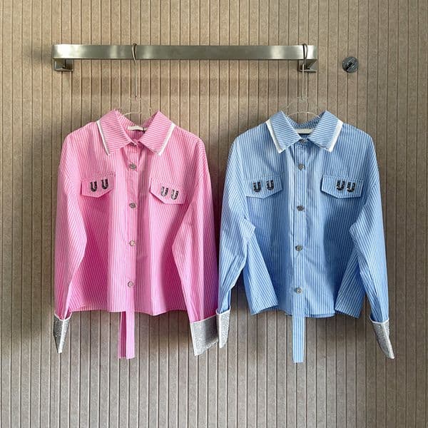 Womens Cropped Striped Shirt Designer Letter Buttons Long Sleeve Blouse With Rhinestone Cuffs y2k Style Street Nightclub Shiny Shirts