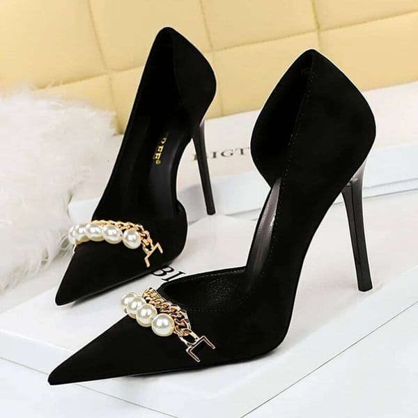 Women Elegant Pearl Metal Chain 7cm 11cm High Heels Pumps Lady Chic Side Cut-Out Pointed Toe Female Cocktail Dress Shoes