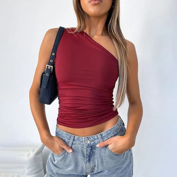 Solid Color One Shoulder Backless Shrink Tank Top TShirt Candy Tight Sexy Sleeveless Neckless Slim Casaul 260310
