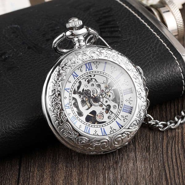 Fashion Creative Transparent Flip Cover Silver Men's Pocket Simple Roman Numerals Classic Mechanical Watch High-Quality
